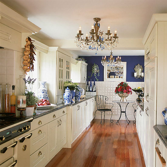 Blue and white galley kitchen  Kitchen decorating 