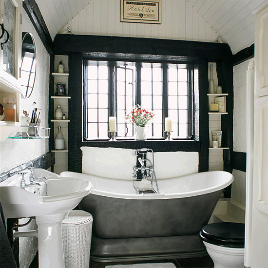 Small monochrome period bathroom | Bathroom idea | Freestanding bath | Image | Housetohome.co.uk