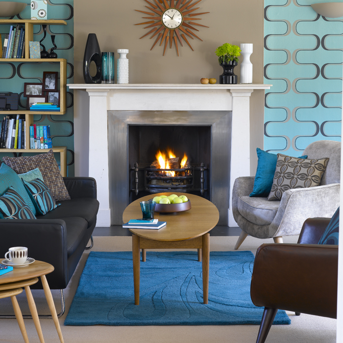 Blue living room with geometric wallpaper Blue living room with geometric wallpaper | modern wallpaper | decorating ideas | PHOTO GALLERY | Housetohome.co.uk
