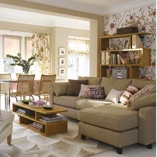 Living room with stylish wallpaper | Living room funriture | Decorating