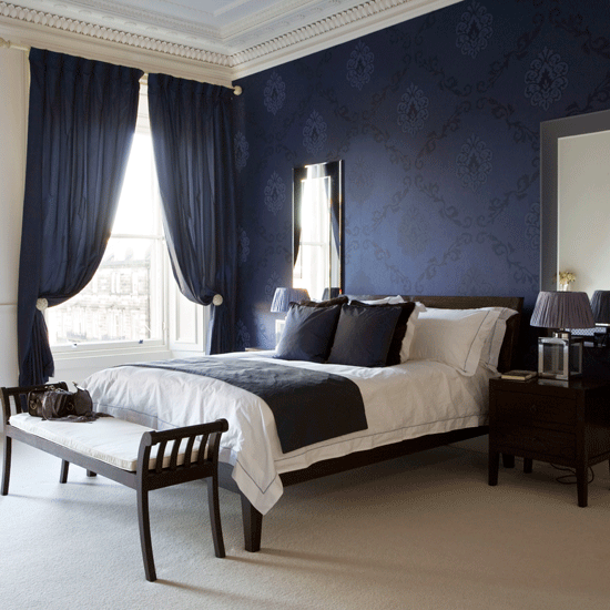 Dramatic bedroom | Navy bedroom designs | Curtains ...