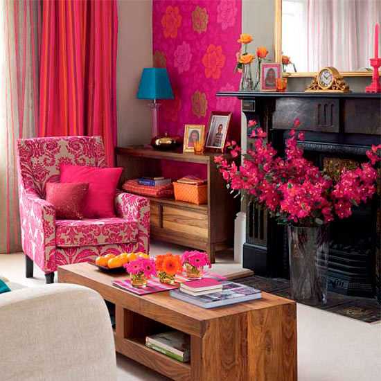 Go for matching wallpaper, upholstery and soft furnishings in your living room for instant impact