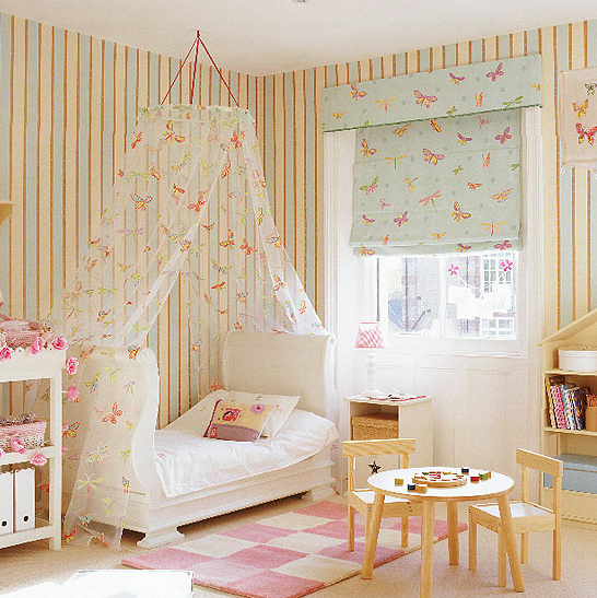 Spacious girl's bedroom with canopy bedding an floral print blind