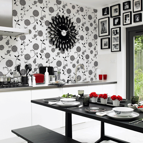 Monochrome kitchen-diner Monochrome kitchen-diner | Wallpaper ideas | Dining room furniture | Dining table | Dining chairs | PHOTO GALLERY | Patterned wallpaper | PHOTO GALLERY | Housetohome.co.uk