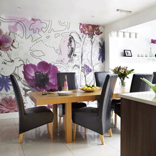 Dining room with oversized purple floral wallpaper feature wall