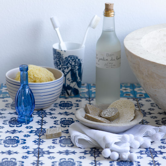 Blue and white bathroom