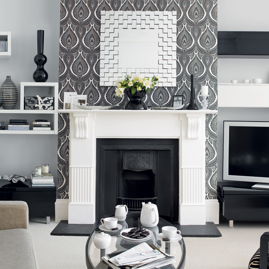 Monochrome bold patterned wallpaper for living room Monochrome living room | Wallpaper ideas for living rooms | Living room ideas | PHOTO GALLERY