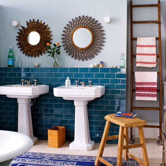 Eclectic bathroom with teal blue brick-shaped tiles | Bathroom tile ideas | Bathroom tiles | PHOTO GALLERY