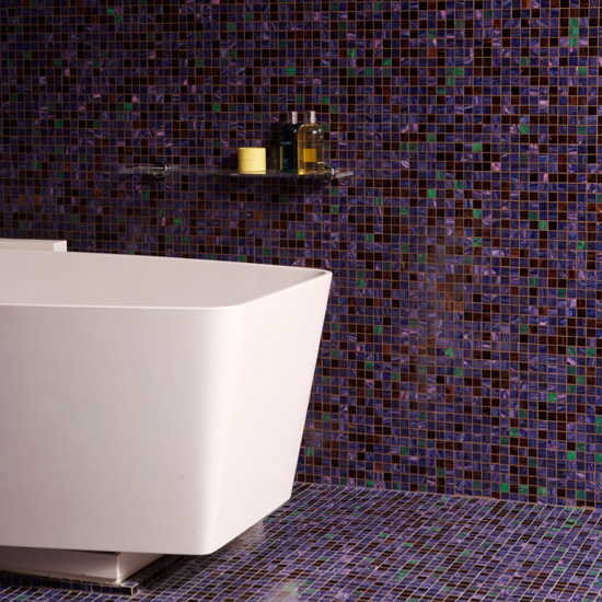 Floor to ceiling iridescent purple mosaic bathroom tiles | Bathroom tile ideas | Bathroom tiles | PHOTO GALLERY