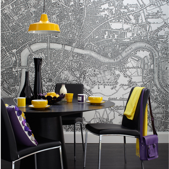 Map print wallpaper and yellow and purple accents | Dining rooms | Dining room ideas - 10 quirky designs | PHOTO GALLERY