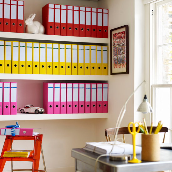 Organised office with coloured files | Adding colour to a home office | Decorating with colour | PHOTO GALLERY | Housetohome