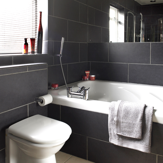 Charcoal tiled bathroom Charcoal tiled bathroom | black and white bathroom | monochrome bathroom ideas | bathroom decorating inspiration | housetohome