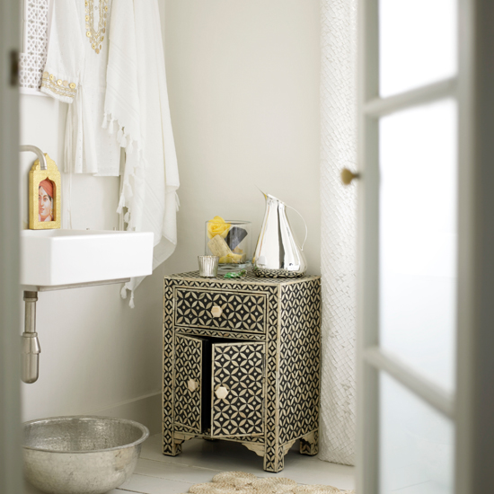 Moroccan-style bathroom cabinet Pale bathroom with Moroccan-style cabinet | black and white bathroom | monochrome bathroom ideas | bathroom decorating inspiration | housetohome