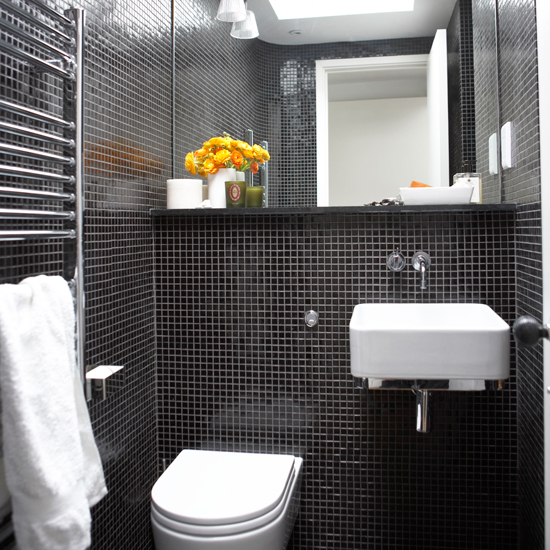 Mosaic tiled bathroom Mosaic tiled bathroom | black and white bathroom | monochrome bathroom ideas | bathroom decorating inspiration | housetohome