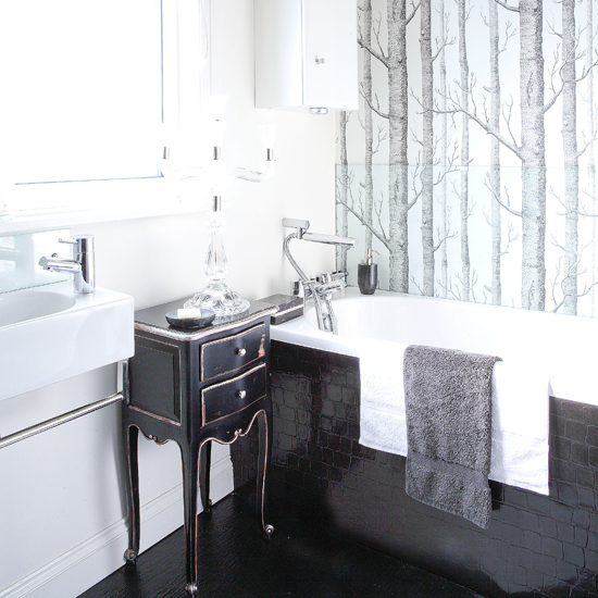 Wallpapered bathroom Wallpapered bathroom | black and white bathroom | monochrome bathroom ideas | bathroom decorating inspiration | housetohome
