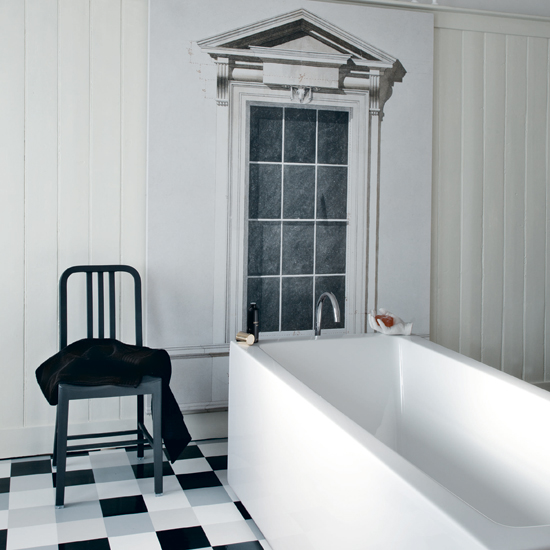 Bathroom with window frame mural Bathroom with window frame mural | black and white bathroom | monochrome bathroom ideas | bathroom decorating inspiration | housetohome