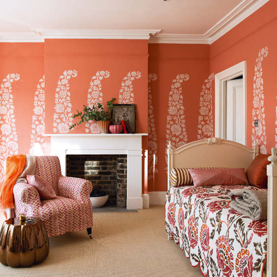 Bold orange living room | Colourful living room | Wall stencil idea | Image | Housetohome