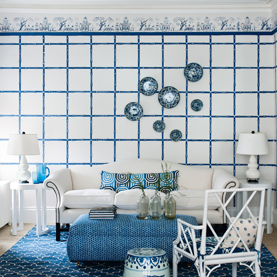 Blue bamboo stencilled living room | 10 ways with stencils | Easy stencilling ideas | PHOTO GALLERY