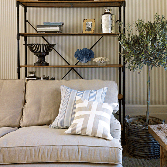 Neutral living room with striped details Neutral living room with striped details | Country living room | Bookshelves | Image | Housetohome
