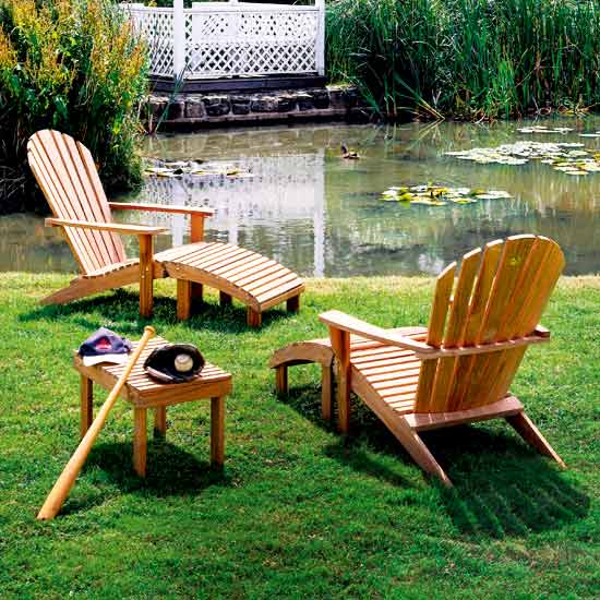 Adirondack armchairs, £525 each; foot rests, £210 each; side table, £185, all Barlow Tyrie.
