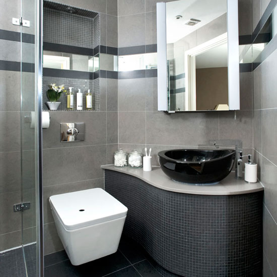 Sleek grey bathroom makeover | Curved vanity unit | Modern grey shower room | Ideal Home bathroom makeover | PHOTO GALLERY | Housetohome