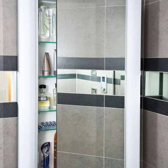 Mirrored bathroom cabinet | Modern grey shower room | Ideal Home bathroom makeover | PHOTO GALLERY | Housetohome