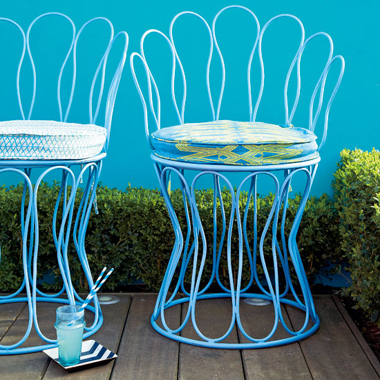 Bold blue patio with wraught iron chairs | Patio design ideas | Gardens | PHOTO GALLERY | Housetohome.co.uk