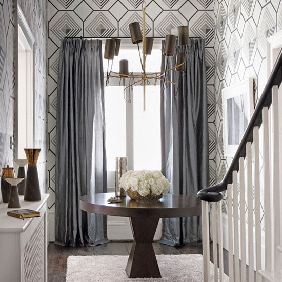 Statement lighting Classic entrance hall with geometric wallpaper and statement lighting | Hallway | Housetohome | Decorating ideas | PHOTOGALLERY