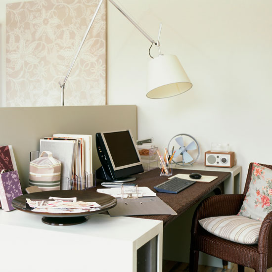Compact living Concealed home office in bedroom with white paint and wicker furniture | Study | Workspace | Decorating ideas | bedroom | Housetohome | PHOTO GALLERY
