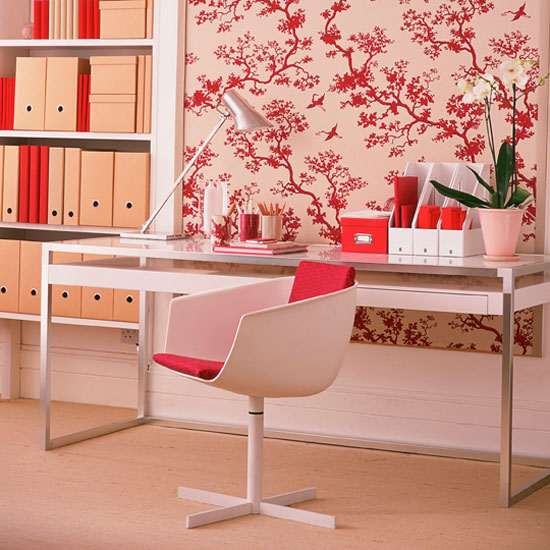 Organised living Home office with pink and red tree branch wallpaper | Study | Workspace | Decorating ideas | Storage | Housetohome | PHOTO GALLERY