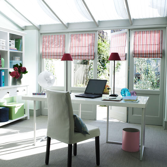 Garden room Light home office with white storage unit and striped blinds | Study | Workspace | Decorating ideas | Storage | Housetohome | PHOTO GALLERY