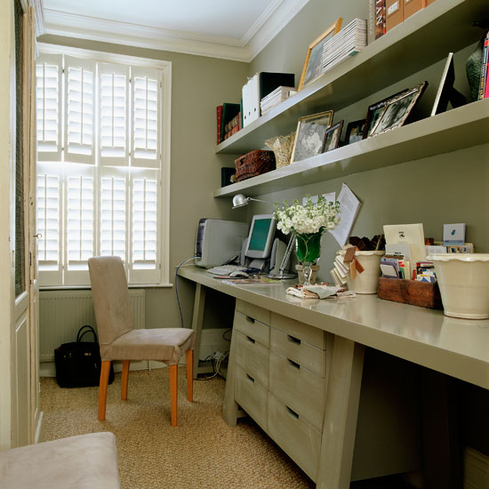 Floating shelves Neutral green home office with shelves and drawer unit | Study | Workspace | Decorating ideas | Storage | Housetohome | PHOTO GALLERY