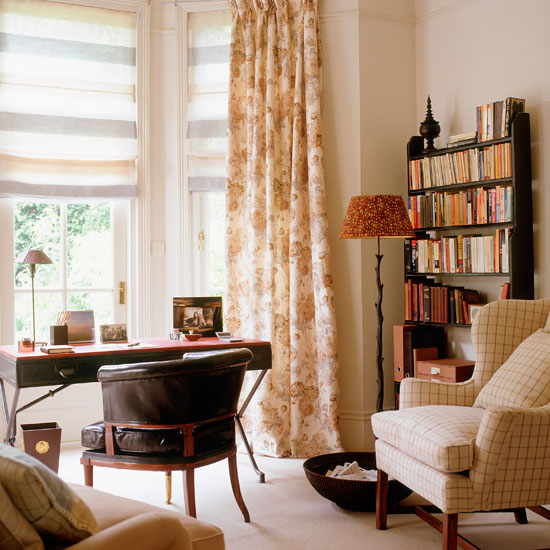 Integrated look Neutral home office with antique furniture and floral curtains | Study | Workspace | Decorating ideas | Storage | Housetohome | PHOTO GALLERY