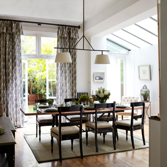 Classic dining room with pendant two shade light and patterned curtains | Tableware | Housetohome | Decorating ideas | PHOTOGALLERY