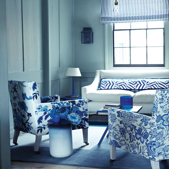 Floral blue and white living room