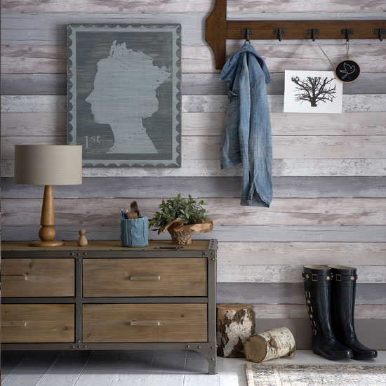 Rustic hallway with wood-effect wallpaper Rustic hallway with wood-effect wallpaper | modern wallpaper | decorating ideas | PHOTO GALLERY | Housetohome.co.uk