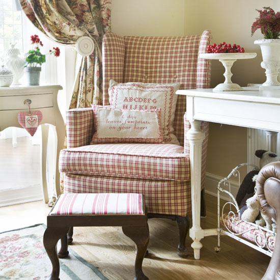 Check print chair and stool with side table for a teenage girl's bedroom