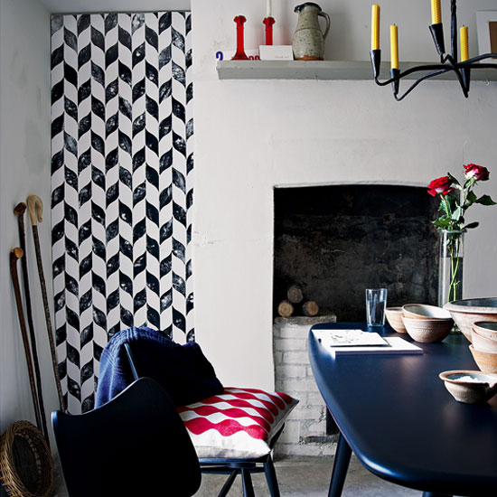 Feature alcove wall with black and white wallpaper | Storage | Living room | Fireplace | Decorating Ideas | Housetohome | PHOTOGALLERY
