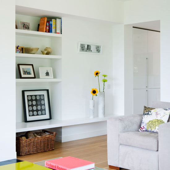 Shelving space within alcove in white living room | Storage | Living room | Fireplace | Decorating Ideas | Housetohome | PHOTOGALLERY