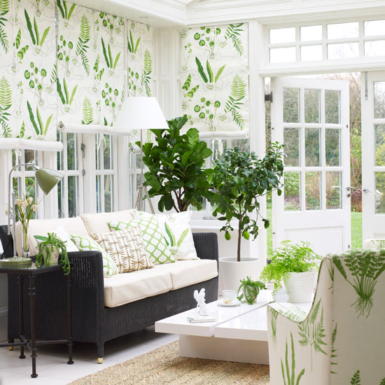 Botanical garden room Conservatory living room with green botanical prints and wicker sofa | Garden Room | Orangery | Decorating Ideas | Housetohome | PHOTOGALLERY