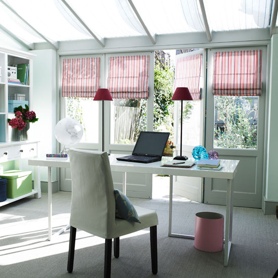 Spacious garden office White conservatory home office with colourful accessories | Study | Garden Room | Orangery | Decorating Ideas | Housetohome | PHOTOGALLERY