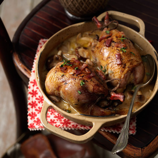 Pot roasting lean birds helps to keep them moist.