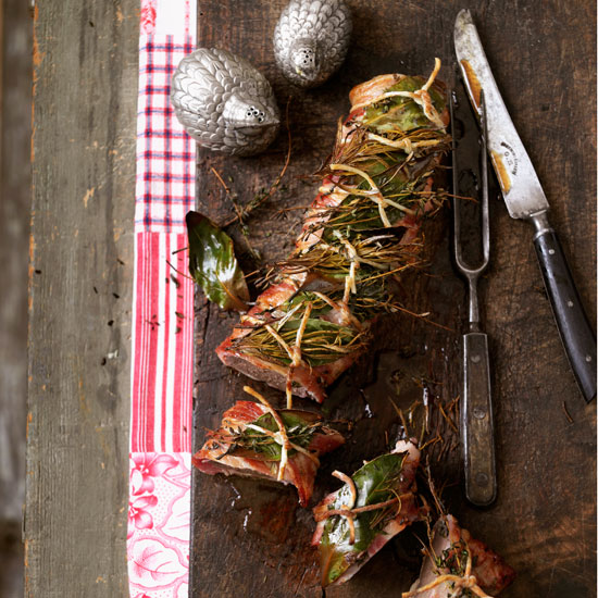 This rich, sweet and lovely loin of venison is covered with streaky bacon