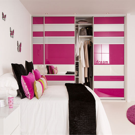 Pink and white glass sliding wardrobe system from Sliderobes Pink and white glass sliding wardrobe system from Sliderobes |10 Best - Fitted Wardrobes | bedroom furniture | PRODUCT GALLERY | Ideal Home | Housetohome