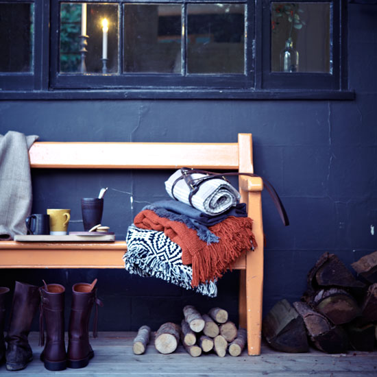 Warm up outside Country style bench with blankets and a log pile | Design ideas | Housetohome | PHOTOGALLERY