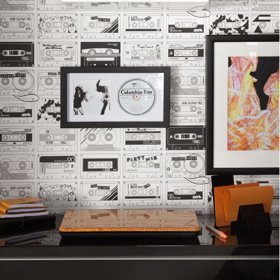 We love this reto cassette-print wallpaper from Mini Moderns