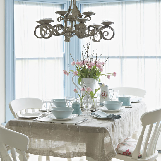 Pastel blue dining room | Dining room designs | Chndeliers | Housetohome