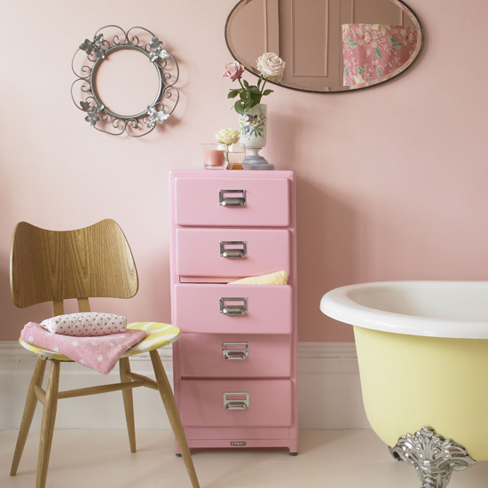 Pastel pink bathroom with yellow freestanding bath | colourful bathroom ideas | bathroom ideas | PHOTO GALLERY | Housetohome.co.uk