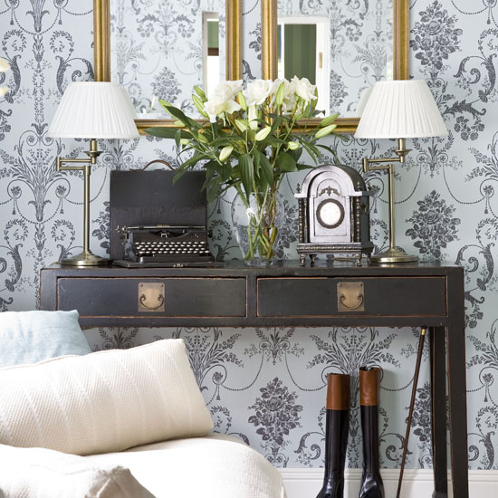Pale blue wallpaper feature wall Pale blue wallpaper feature wall | Feature walls | decorating ideas | PHOTO GALLERY | 25 Beautiful Homes | Housetohome