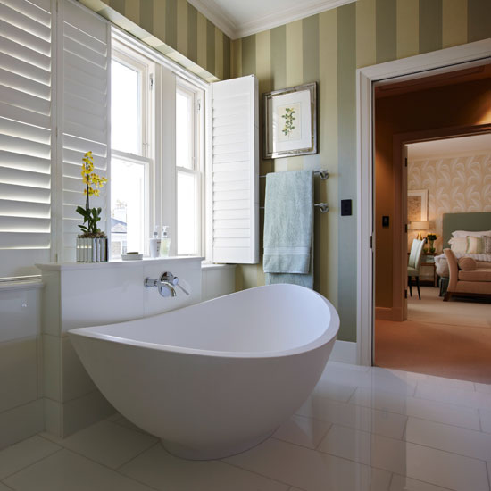 Ensuite Bathroom Ideas White en-suite bathroom with green stripe wallpaper